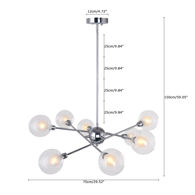 Modern Farmhouse 8 Light Sputnik Chandelier in Chrome with Clear Globe Glass Shade