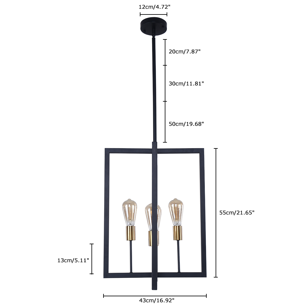 Induatrial Style 4 Light Square Metal Chandelier Exposed Bulb Lighting for Kitchen Island and Dining Room