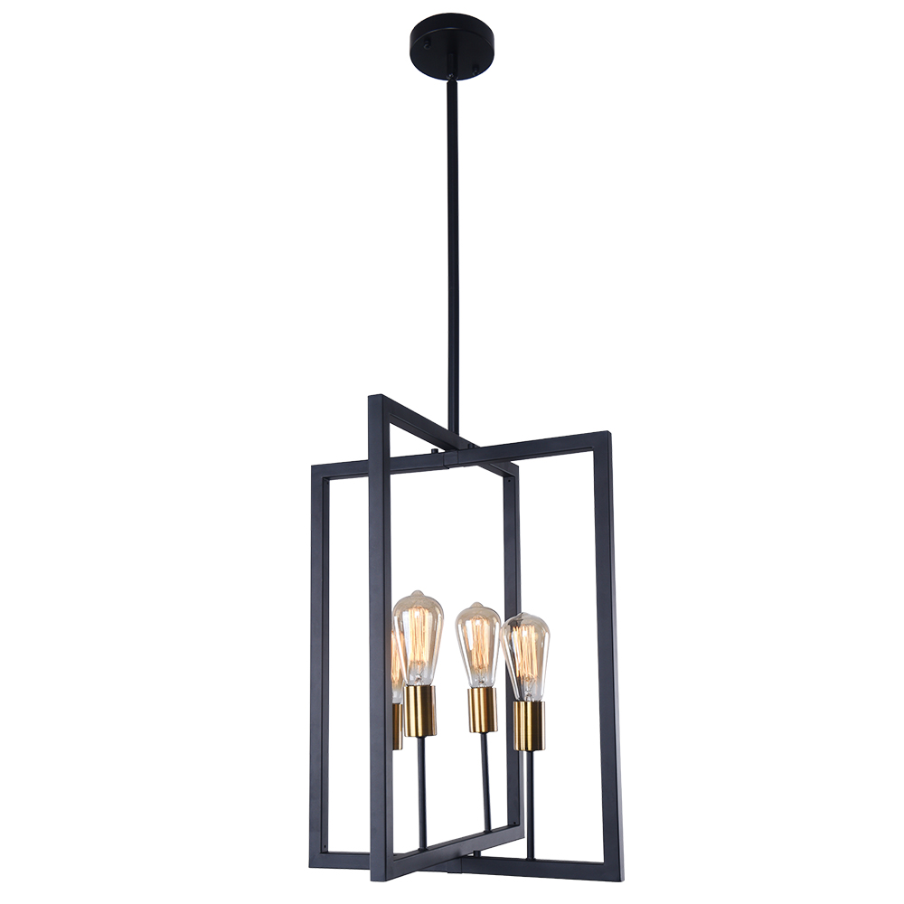 Induatrial Style 4 Light Square Metal Chandelier Exposed Bulb Lighting for Kitchen Island and Dining Room