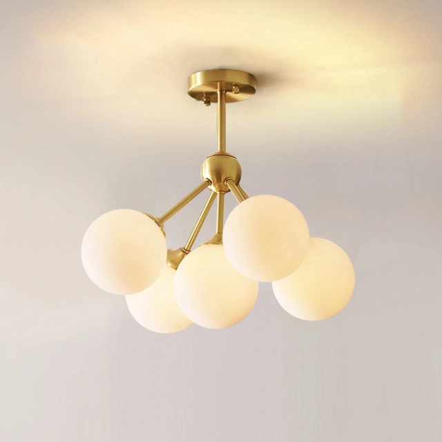 Mid Century Modern 3-Light Brass Ceiling Lamp with Opaline Shade for Bedroom/Living Room Lighting