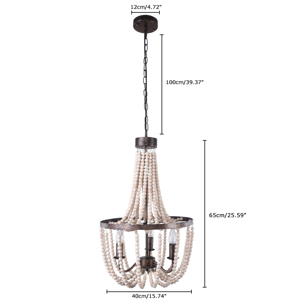 3-Light Wood Bead Empire Chandelier in Antique Bronze Modern Farmhouse Lighting