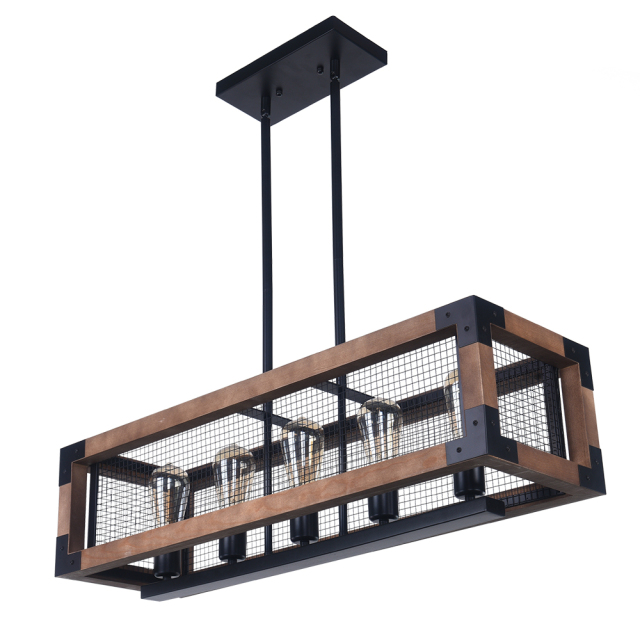 Modern Farmhouse 5-Light Wooden Chandelier Linear Kitchen Island Chandelier Sloped Ceiling Compatible