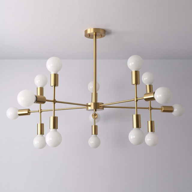 Mid Century Modern 9-Light Brass Chandelier with Adjusted Arms