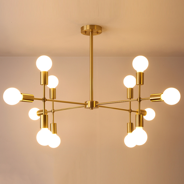 Mid Century Modern 9-Light Brass Chandelier with Adjusted Arms