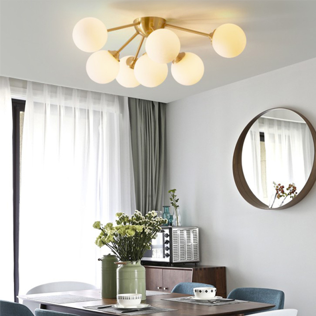 7-Light Brass Sunburst Close to Ceiling Light with Opal Shade in Mid-century Modern Style