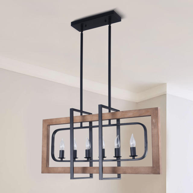 6-Light Retangle Chandelier Wooden Kitchen Island Chandelier for Modern  Farmhouse Slanted Ceiling Compatible