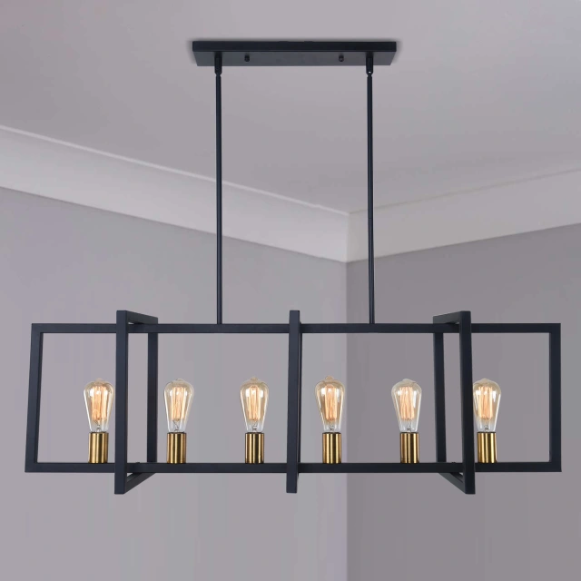 Modern Linear 6 Light Rectangle Chandelier in Black and Brass for Kitchen Island Lighting Sloped Ceiling Compatible