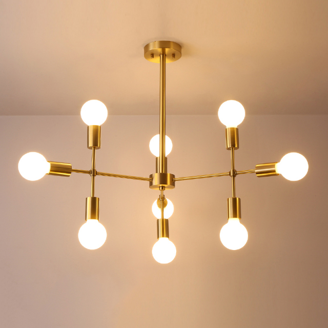 Mid Century Modern 9-Light Brass Chandelier with Adjusted Arms