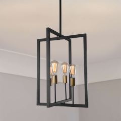Induatrial Style 4 Light Square Metal Chandelier Exposed Bulb Lighting for Kitchen Island and Dining Room