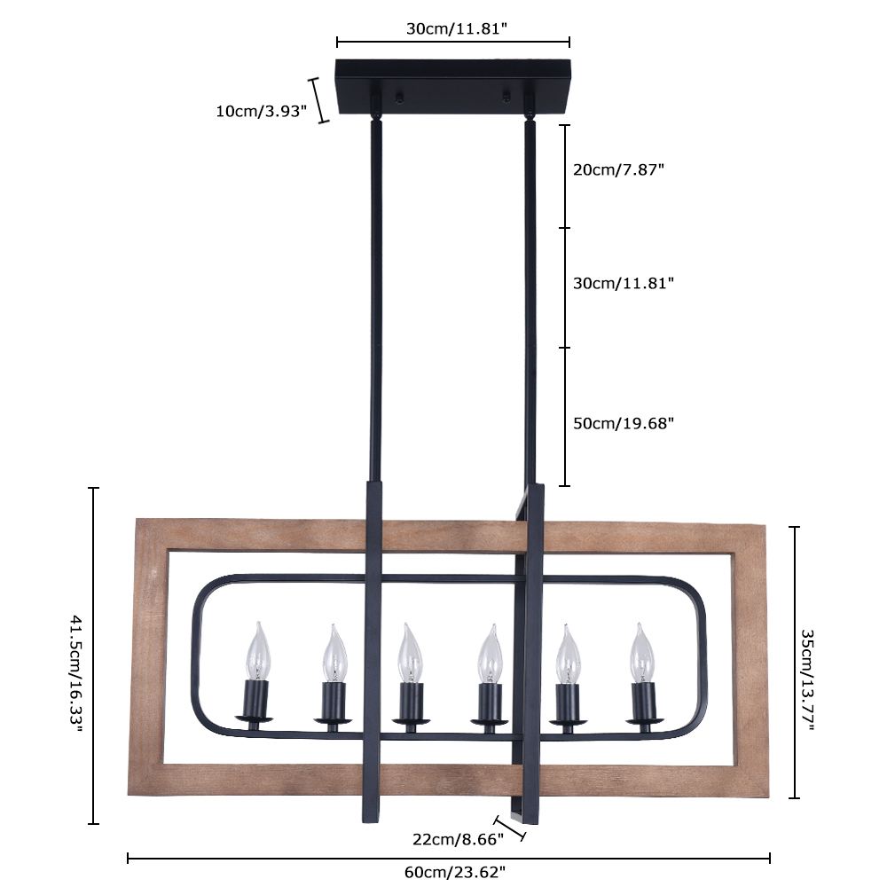 6-Light Retangle Chandelier Wooden Kitchen Island Chandelier for Modern ...