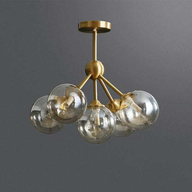 Mid Century Modern 3-Light Brass Ceiling Lamp with Opaline Shade for Bedroom/Living Room Lighting