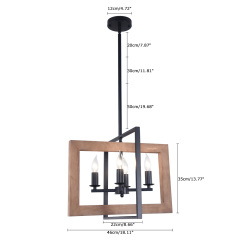 4-Light Square Wood Chandelier, Farmhouse Kitchen Island Lighting Industrial Lighting