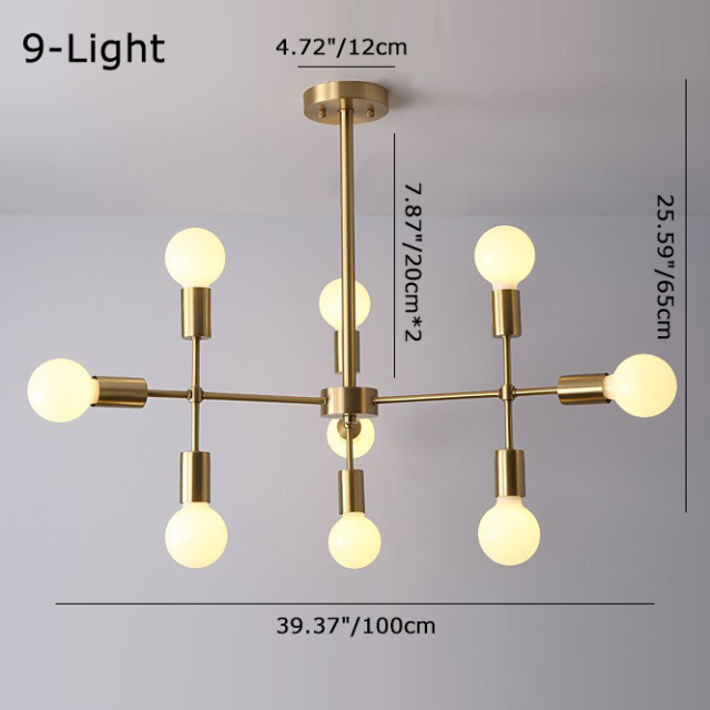 Mid Century Modern 9-Light Brass Chandelier with Adjusted Arms