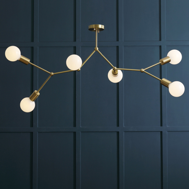 Mid Century Modern 6-Light Brass Branching Chandelier