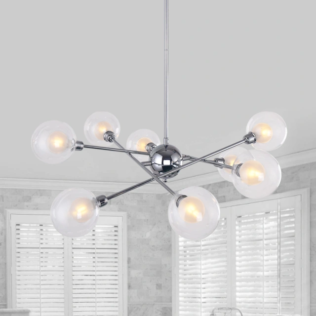 Modern Farmhouse 8 Light Sputnik Chandelier in Chrome with Clear Globe Glass Shade