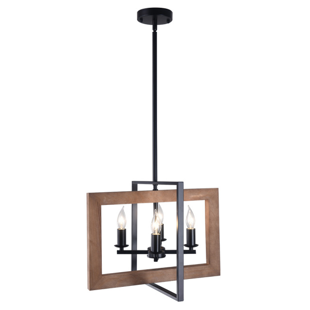 4-Light Square Wood Chandelier, Farmhouse Kitchen Island Lighting Industrial Lighting