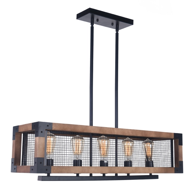 Modern Farmhouse 5-Light Wooden Chandelier Linear Kitchen Island Chandelier Sloped Ceiling Compatible