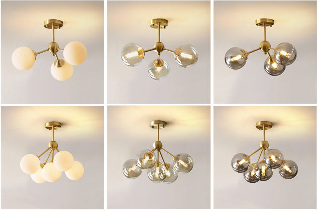 Mid Century Modern 3-Light Brass Ceiling Lamp with Opaline Shade for Bedroom/Living Room Lighting