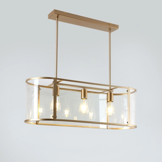 Mid Century Modern 3-Light Linear Brass Chandelier with Retangle Glass Box Shade