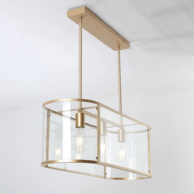 Mid Century Modern 3-Light Linear Brass Chandelier with Retangle Glass Box Shade