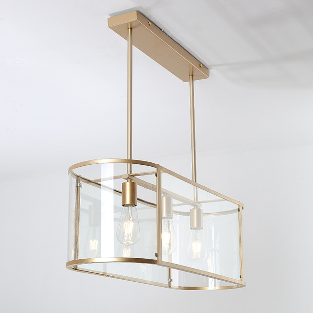 Mid Century Modern 3-Light Linear Brass Chandelier with Retangle Glass Box Shade