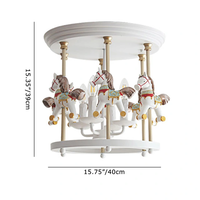 16&quot; Wide Kid's Ceiling Light White Merry-Go-Round 5 light Flush Mount Light Iron/Resin for Nursery