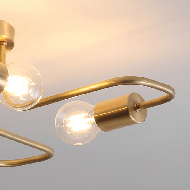 Mid Century Modern Curved Arm 4-Light Semi Flush Ceiling Light in Brass Metal