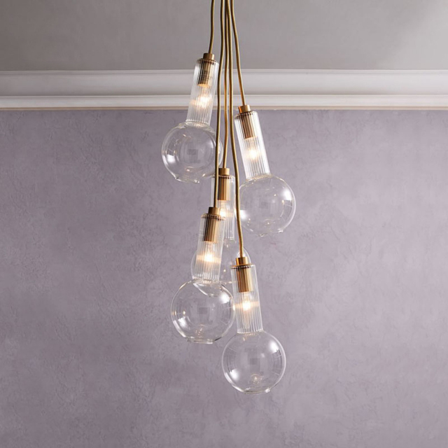 Modern Minimalist 5-Light Cluster Pendant with Clear Reeded Glass for Living Dining Room