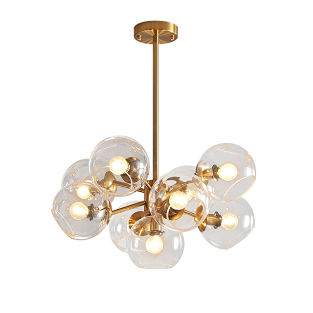 Mid Century Modern 9-Light Bubble Chandelier with Clear Globe Glass in Gold Finish for Kitchen Island Bedroom