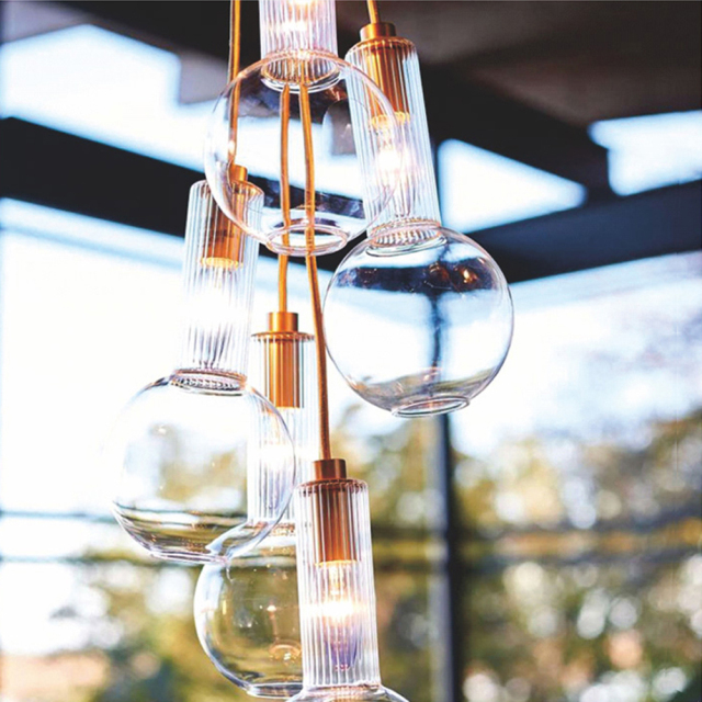 Modern Minimalist 5-Light Cluster Pendant with Clear Reeded Glass for Living Dining Room