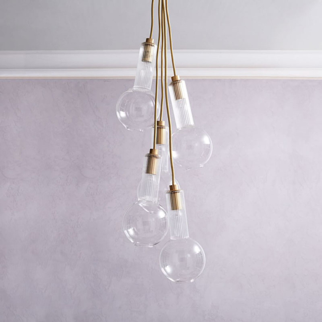 Modern Minimalist 5-Light Cluster Pendant with Clear Reeded Glass for Living Dining Room