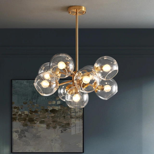 Mid Century Modern 9-Light Bubble Chandelier with Clear Globe Glass in Gold Finish for Kitchen Island Bedroom