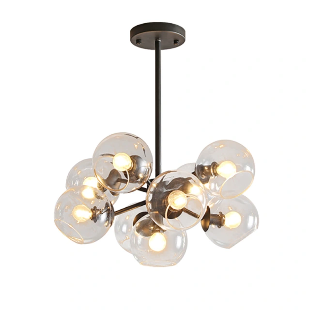 Mid Century Modern 9-Light Bubble Chandelier with Clear Globe Glass in Gold Finish for Kitchen Island Bedroom