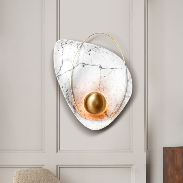 Mid Century Modern LED White Pearl Shaped Wall Light with Marble Pattern for Hallway