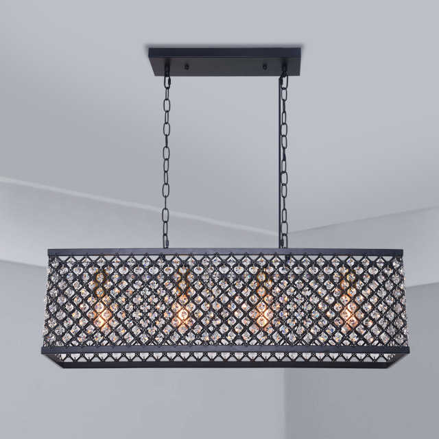 Mid Century Modern 4 Light Linear Crystal Chandelier Rectangular Metal Cage Chandelier with Crystal Beads for Kitchen Dining Room Lighting