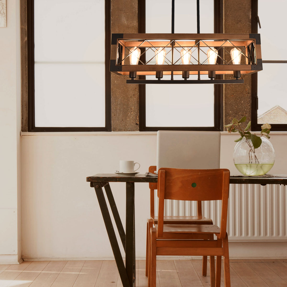 Modern Farmhouse Style Linear Wooden Chandelier 5-Light Rectangle Chandelier for Dining Table  Kitchen Island