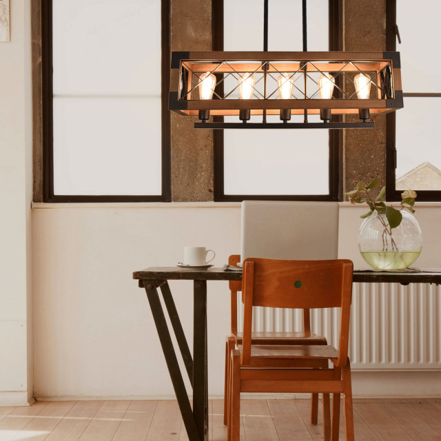 Linear Wooden Chandelier 5-Light Rectangle Chandelier for Kitchen Lighting Modern Farmhouse Style