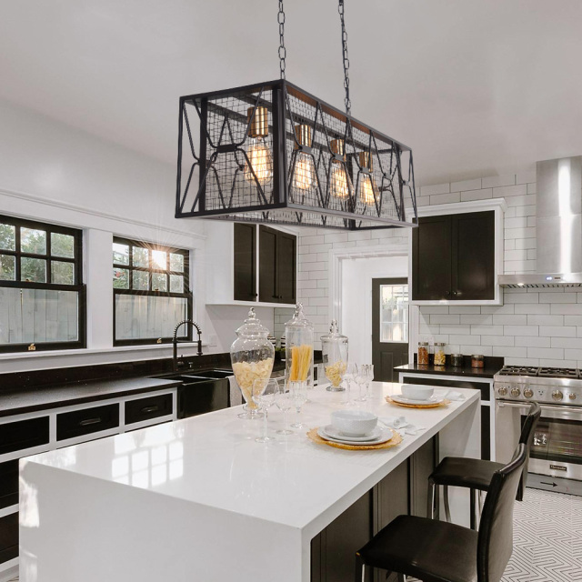 Modern 4/6 Light Metal Linear Farmhouse Chandelier in Matte Black and Brass  for Kitchen Island/Long Dining Table