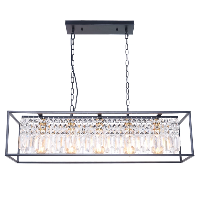 Modern Farmhouse Crystal Strips 5 Light Black Linear Chandelier Matte Black for Kitchen Island Sloped Ceiling Compatible