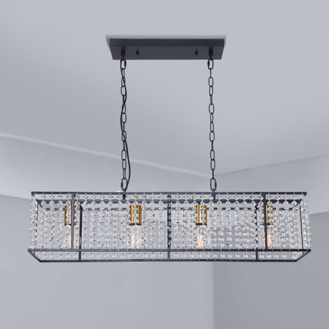 Mid Century Modern Rectangle Crystals 4-Light Kitchen Island Chandelier in Black and Gold