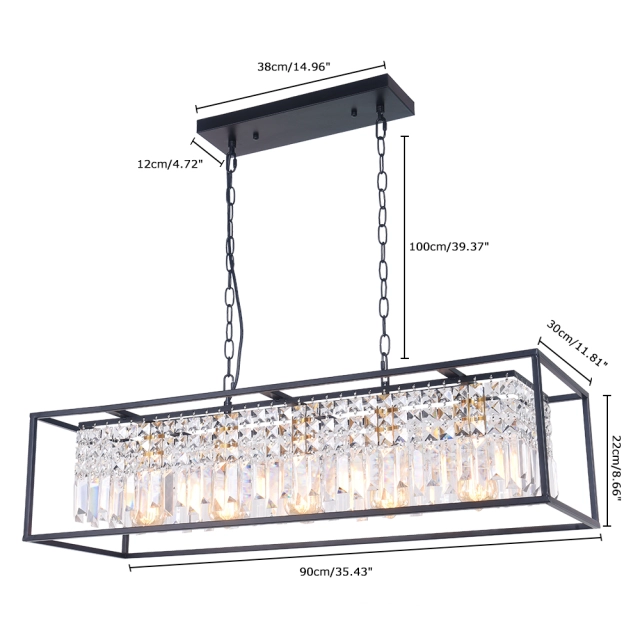 Modern Farmhouse Crystal Strips 5 Light Black Linear Chandelier Matte Black for Kitchen Island Sloped Ceiling Compatible