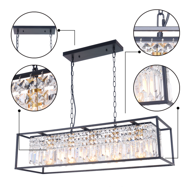 Modern Farmhouse Crystal Strips 5 Light Black Linear Chandelier Matte Black for Kitchen Island Sloped Ceiling Compatible