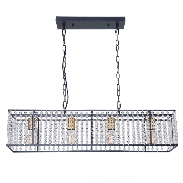 Mid Century Modern Rectangle Crystals 4-Light Kitchen Island Chandelier in Black and Gold