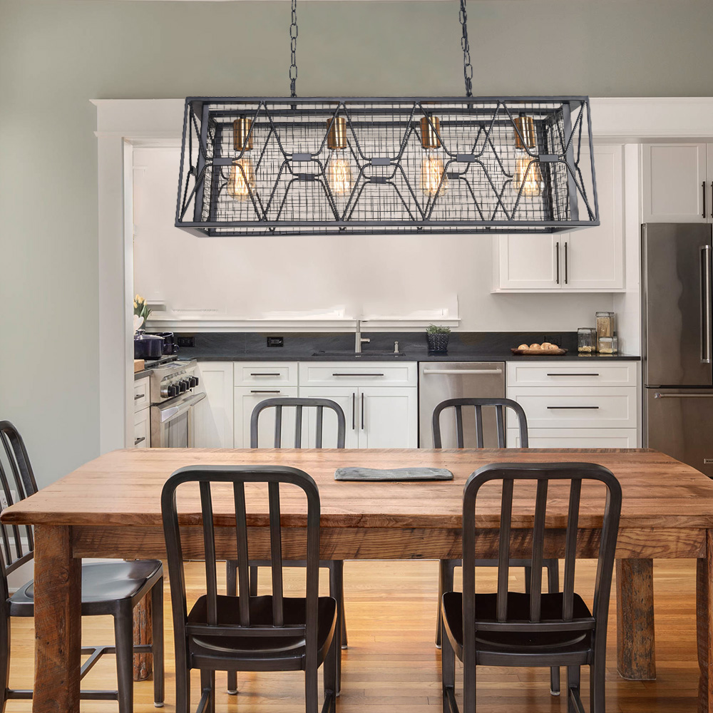 Modern 4/6 Light Metal Linear Farmhouse Chandelier in Matte Black and Brass  for Kitchen Island/Long Dining Table