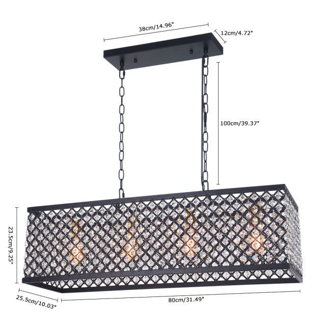 Mid Century Modern 4 Light Linear Crystal Chandelier Rectangular Metal Cage Chandelier with Crystal Beads for Kitchen Dining Room Lighting