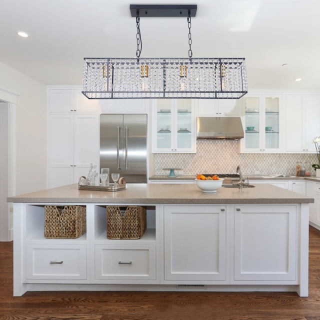 Mid Century Modern Rectangle Crystals 4-Light Kitchen Island Chandelier in Black and Gold