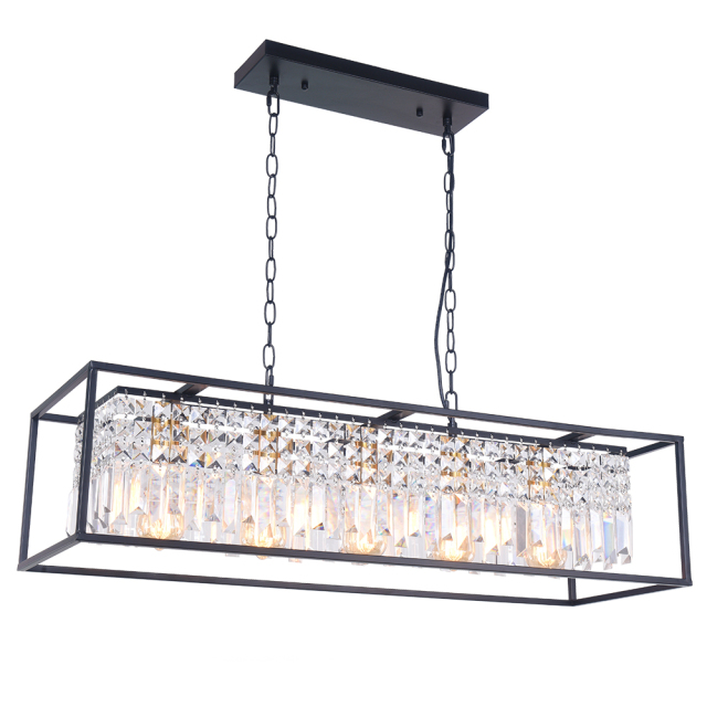 Modern Farmhouse Crystal Strips 5 Light Black Linear Chandelier Matte Black for Kitchen Island Sloped Ceiling Compatible