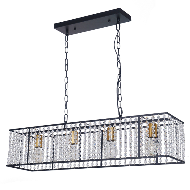 Mid Century Modern Rectangle Crystals 4-Light Kitchen Island Chandelier in Black and Gold
