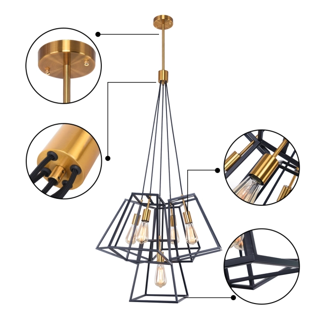 Modern Industrial 5-Light Cluster Pendant Light with Metal Cage in Matte Black for Kitchen Island/Bar/Dining Table Lighting