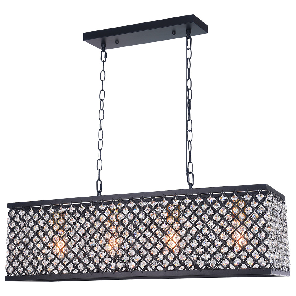 Mid Century Modern 4 Light Linear Crystal Chandelier Rectangular Metal Cage Chandelier with Crystal Beads for Kitchen Dining Room Lighting